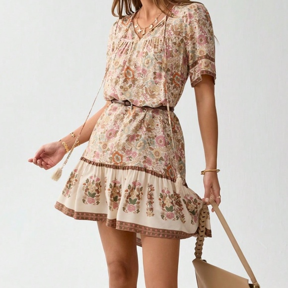 Boho Floral Print Neck Tie Loose Fit Short Sleeve Dress